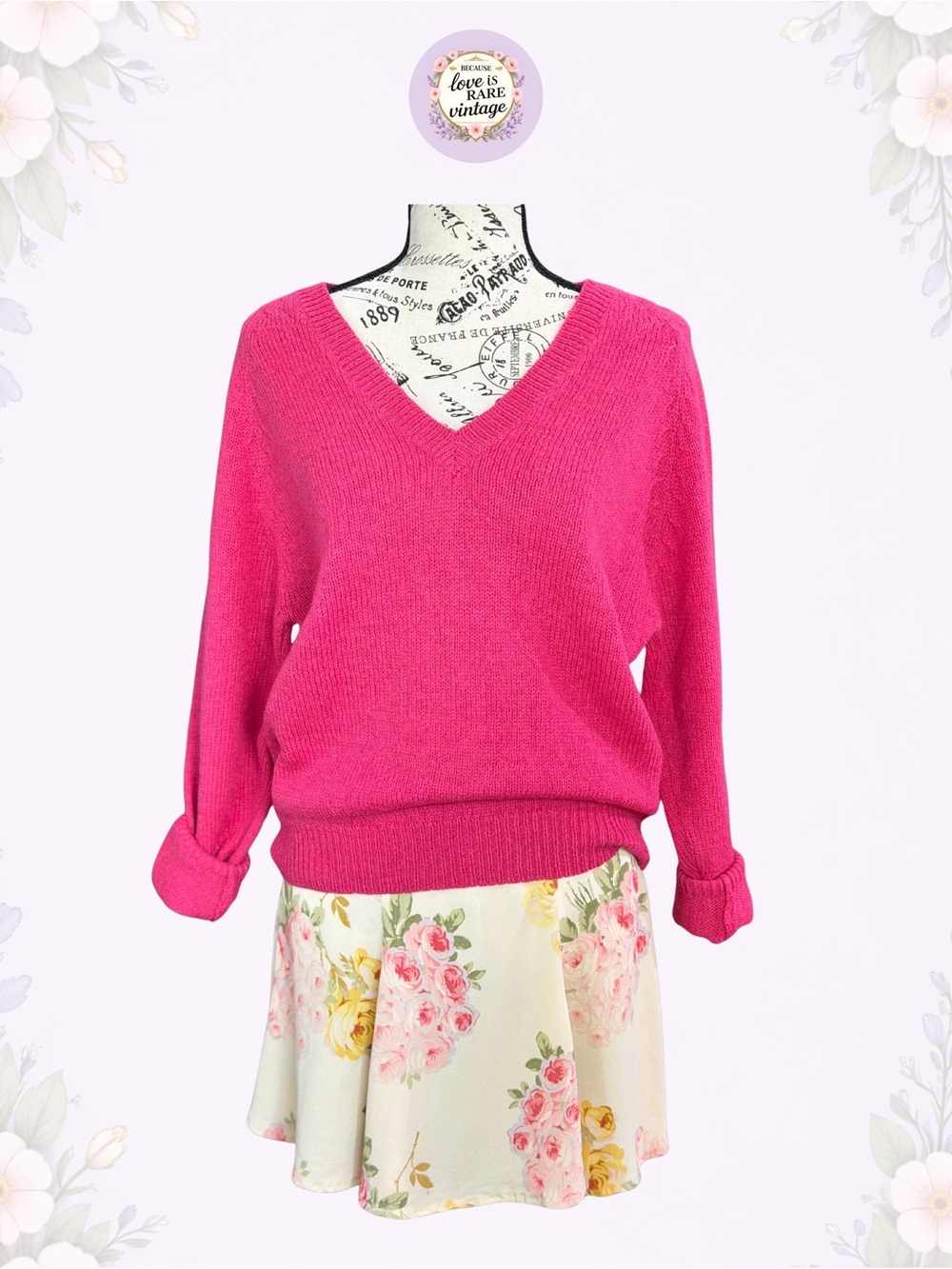Vintage 1990s Hot Pink 100% Wool V-Neck Sweater • Preppy Cottagecore • Size M